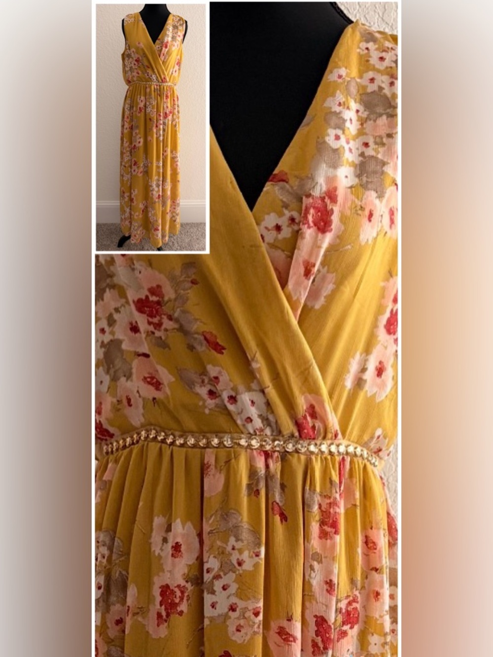 Alexia B Nites Yellow Floral Maxi Dress | Beaded Waist Wrap Bodice Dress